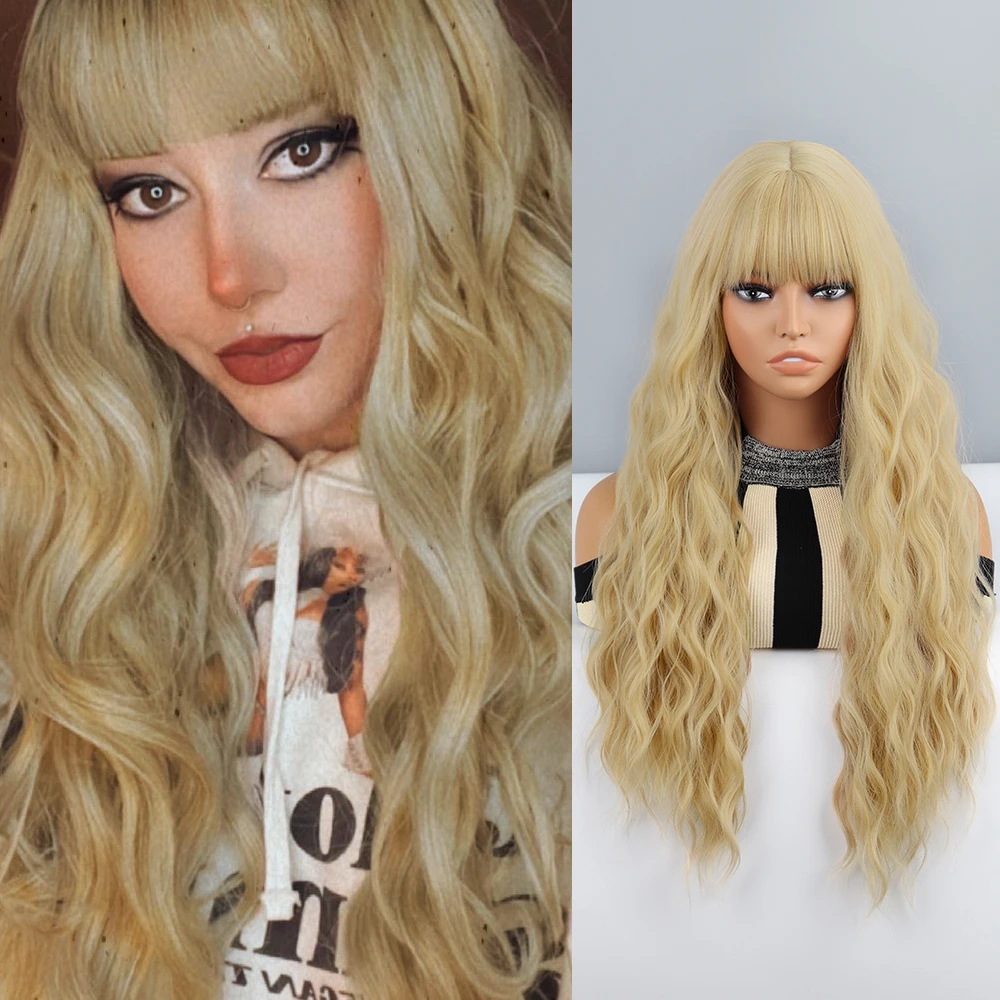 

Синтетический парик красивый длинный волнистый Золотой желтый парик и челка синтетический парик косплей натуральная повседневная одежда ...