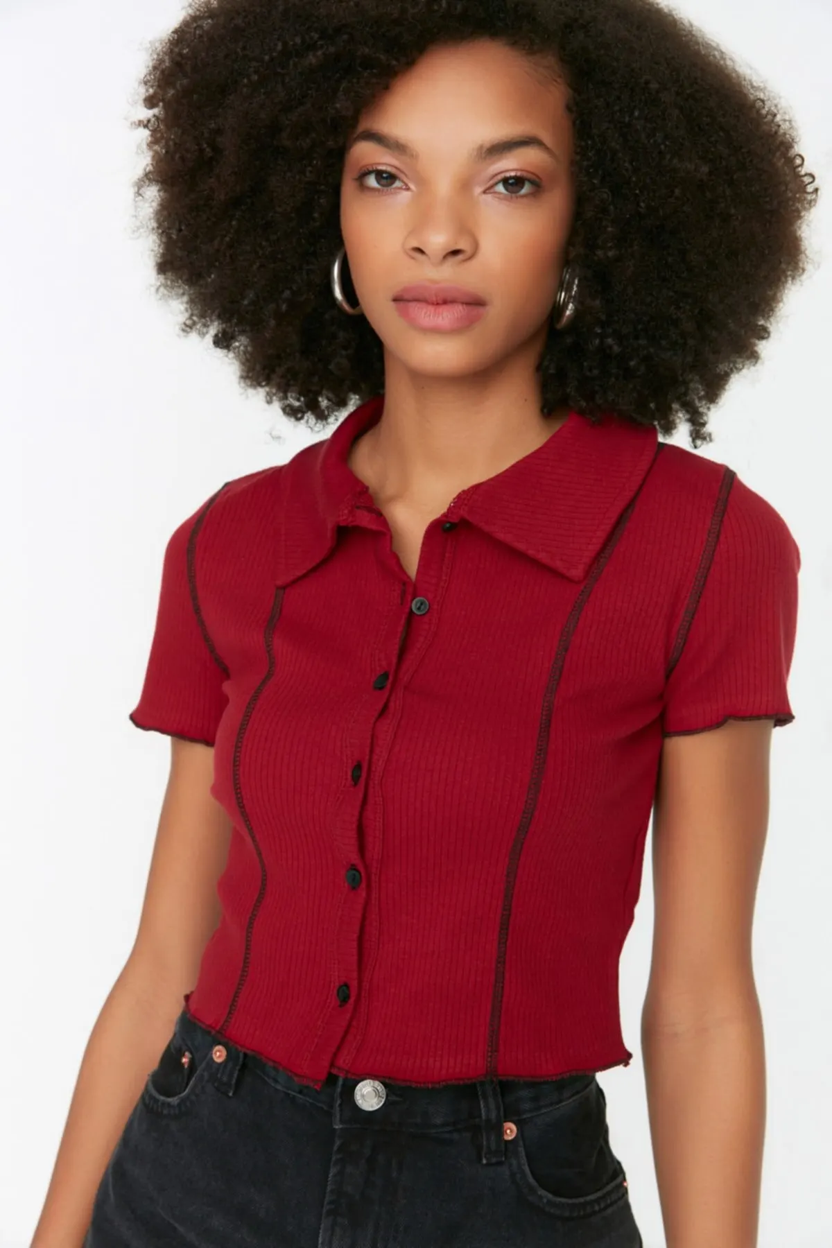 

Women's Summer Crop Top Blouse Claret Red Bedspread Stitch Detail Corduroy Crop Knitted Blouse Fashion Clothes
