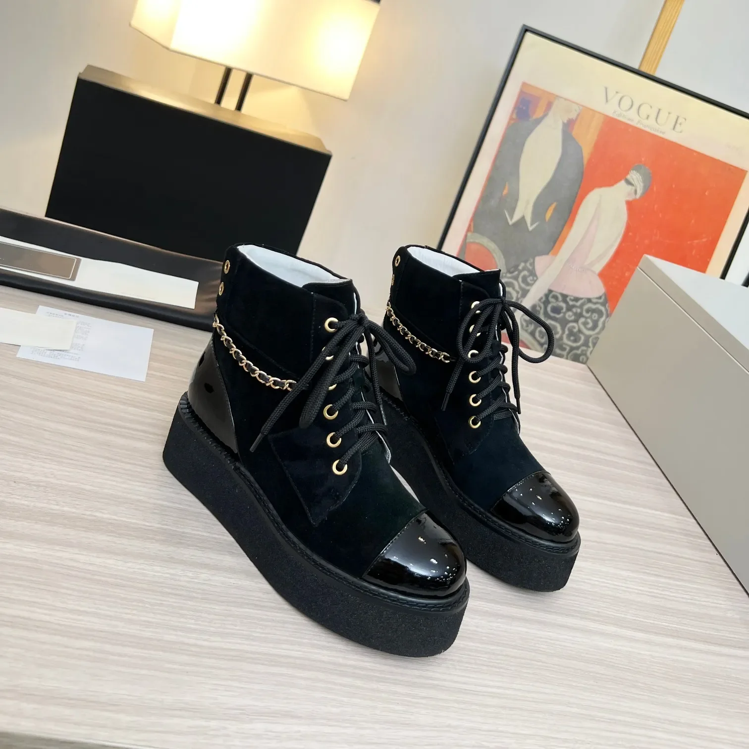 

Genuine Leather Boots Med Heels Flat Platform Chain Ankle Boots Natural Cow Suede Designer Shoes Women Zapatillas Mujer