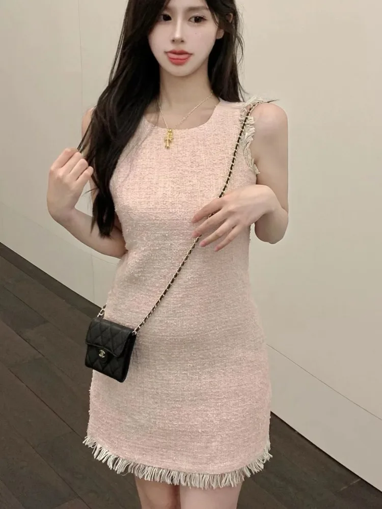 

High-grade Temperament Elegant Small Fragrance Tweed Dresses For Women Korean Sweet Sleeveless Sexy Summer Dress Mini Vestidos