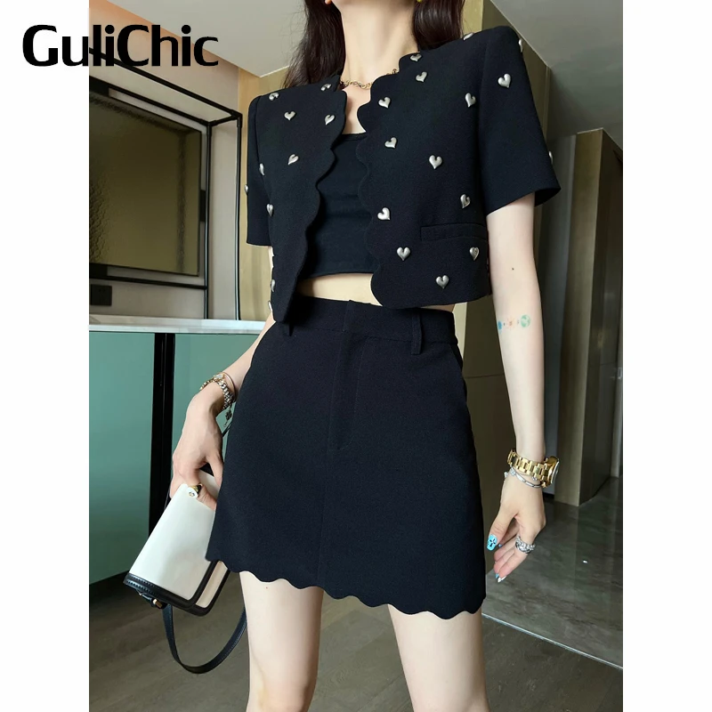 

4.25 GuliChic Women Fashion 2 Piece Set Love Decoration Short Jacket + Wave-Cut Hem High Waist Mini Skirt