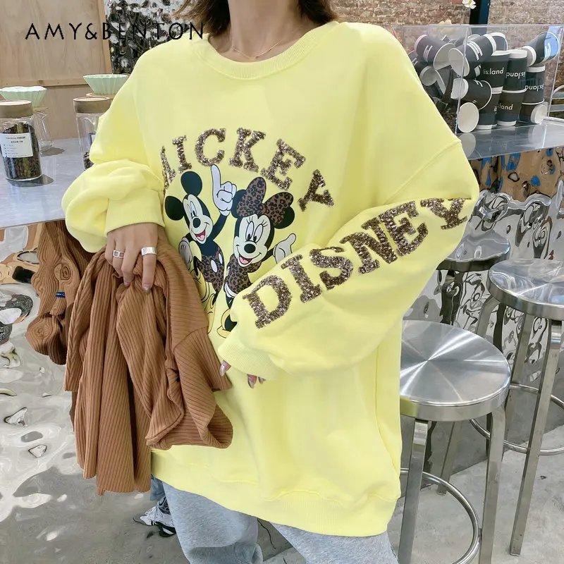 Fashion Sweatshirt Tops for Women Winter Thickened Velvet Padded Loose Slimming Cartoon Pullover Top Ladies Round Neck Tops