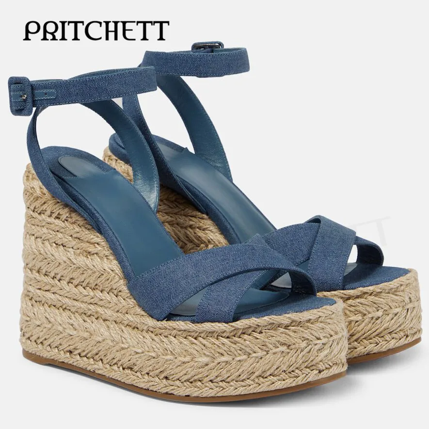

Blue Denim Cross Strap Espadrilles Round Toe Wedge High Heels Leather Temperament Sandals Fashion Casual Elegant Women's Shoes