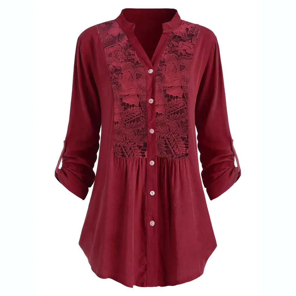 

Women Ladies Large Size Button Lace V Neck Long Sleeve Shirt Blous
