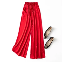 red natural silk 2022 new spring summer wide leg pants ankle length spandex chinese style high waist elastic waist