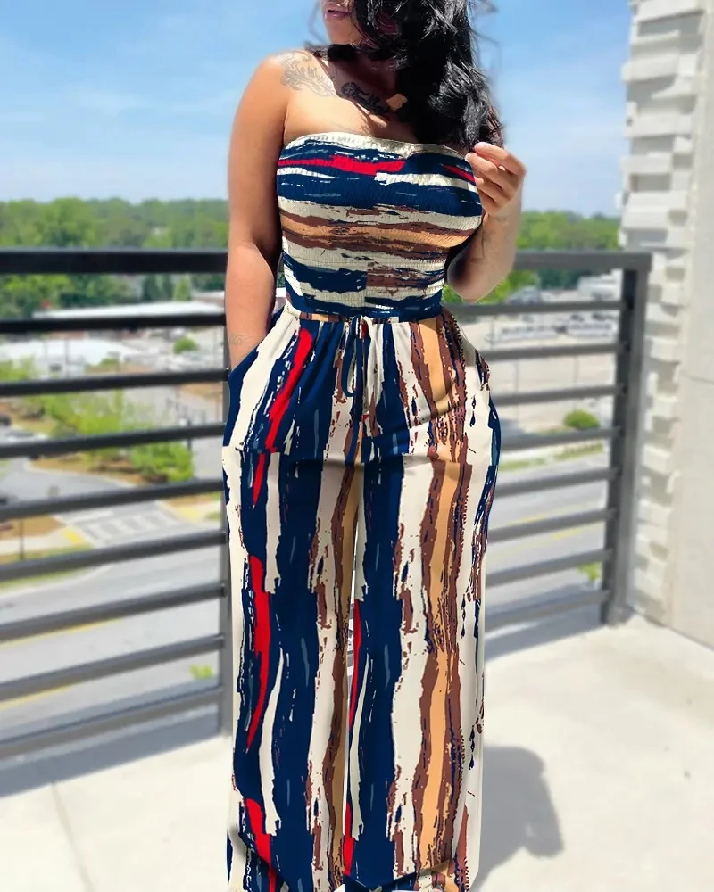 

Abstract Print Bandeau Shirred Wide Leg Jumpsuit