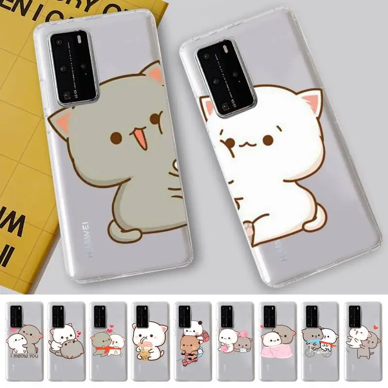 

YNDFCNB Fun Cartoon Peach Mochi Cat Phone Case for Samsung A51 A52 A71 A12 for Redmi 7 9 9A for Huawei Honor8X 10i Clear Case