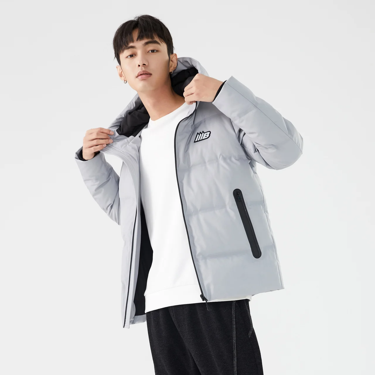 Metersbonwe Men's Solid Color Down Jacket  Winter Warm 90% Gray Hooded Duck Down Waterproof Zipper Short Man Simple Down Coat
