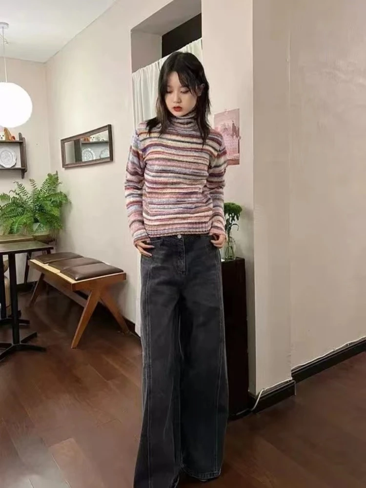 QWEEK Y2k винтажный полосатый Радужный свитер в стиле ретро женский японский