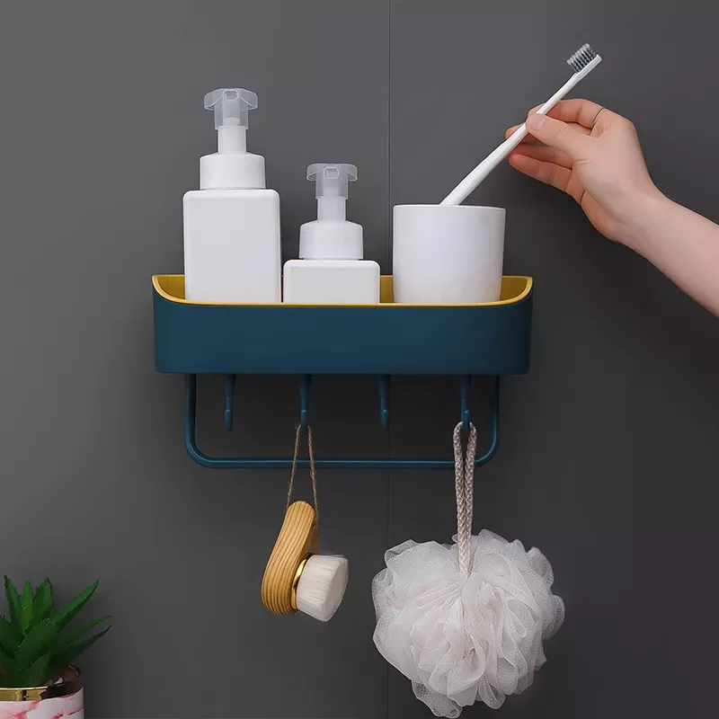 

Bathroom Storage Rack Shelf with Hooks Towel Holders Shampoo Bars Shower Shelf Kitchen Wall Organizer Rack Bathroom Accessories
