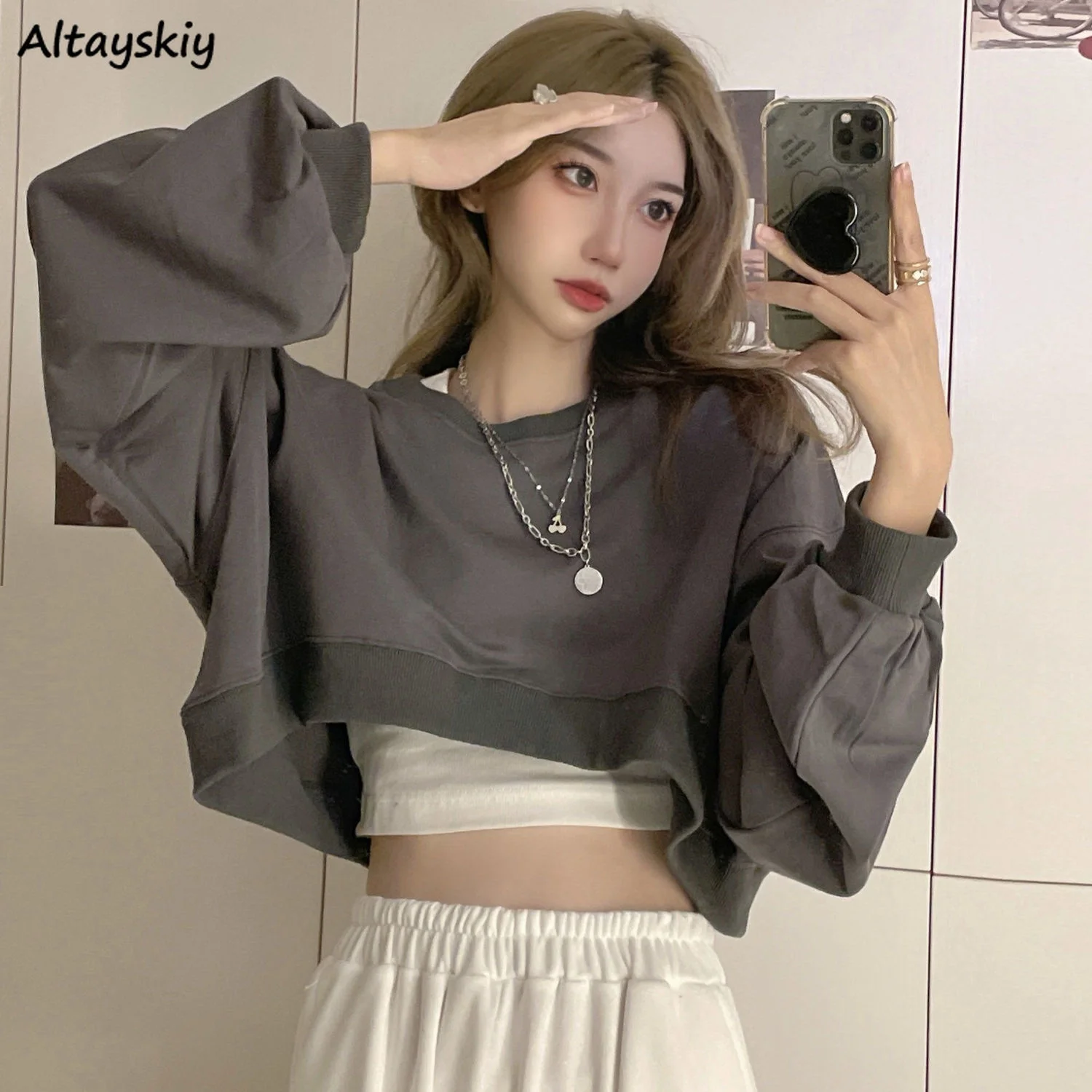 

Sweatshirts Women Solid Cropped Sexy Loose All-match Navel Early Autumn Casual Harajuku Simple Pullover Aesthetic Clothes Mujer