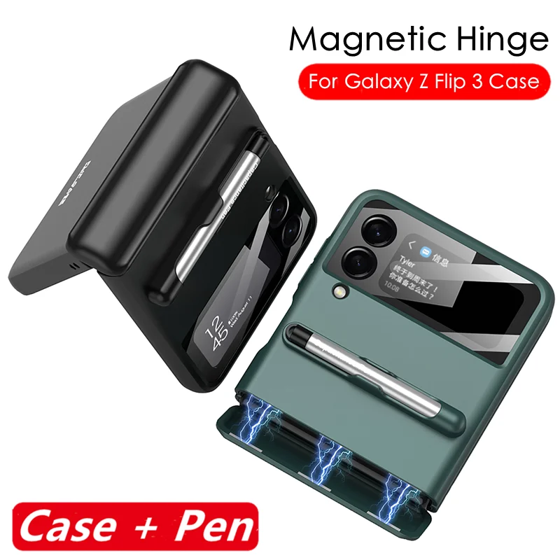 

for Samsung Galaxy Z Flip 3 5G Magnetic Hinge Case Cover With Screen Touch Stylus Pen Matte Hard Pen Slot Cover