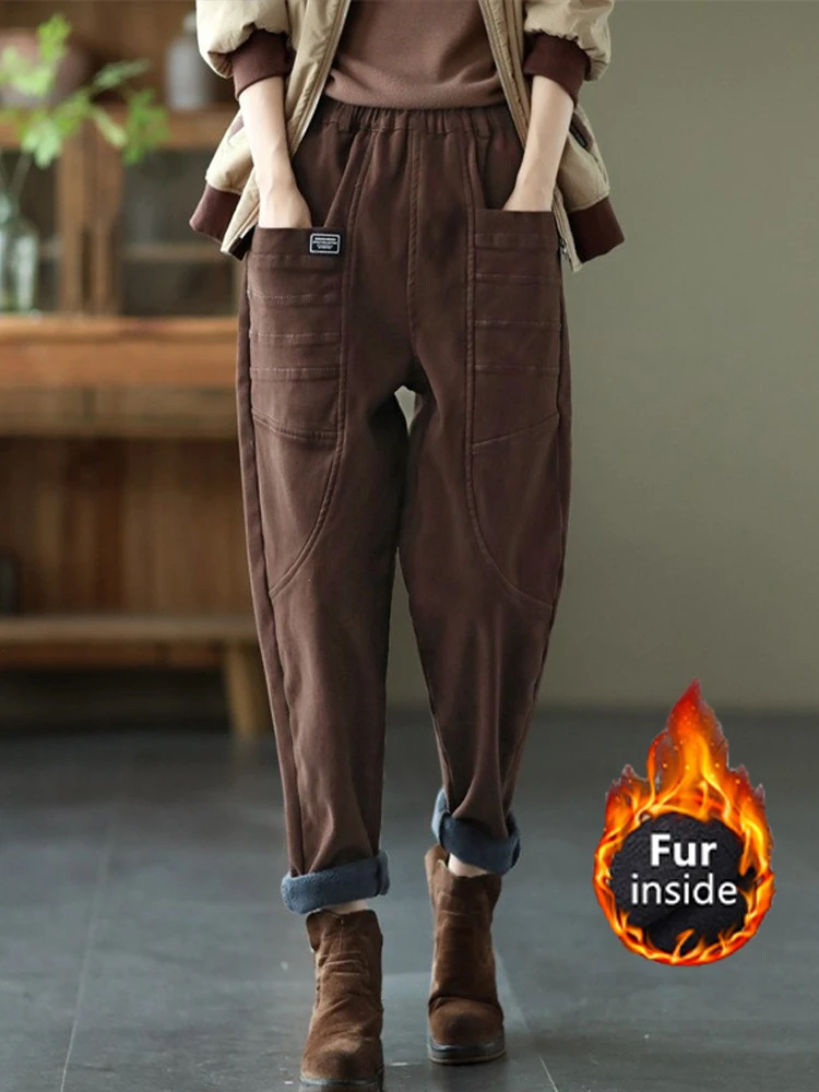 Зимние меховые шаровары Max LuLu 2022 Модные женские свободные винтажные повседневные