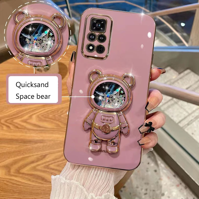 

Quicksand Space Bear Holder Plating Phone Case For Oneplus One plus 10 Pro 8T 9 ACE Pro 9R 9RT 1+8T ONE PLUS 9 Pro Soft Cover