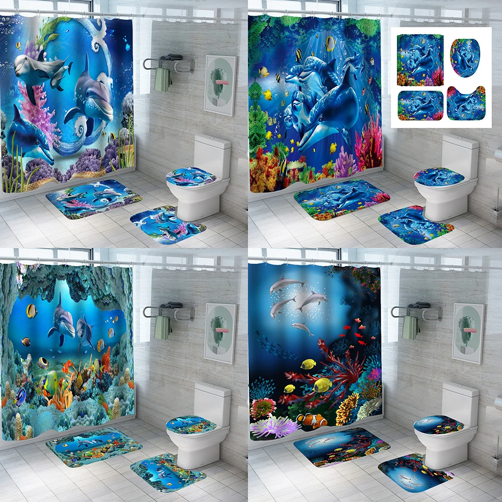 

Blue Ocean Underwater Dolphins Shower Curtain Set Non-Slip Rugs Toilet Cover Bath Mats Tropical Sea Coral Fish Bathroom Curtains