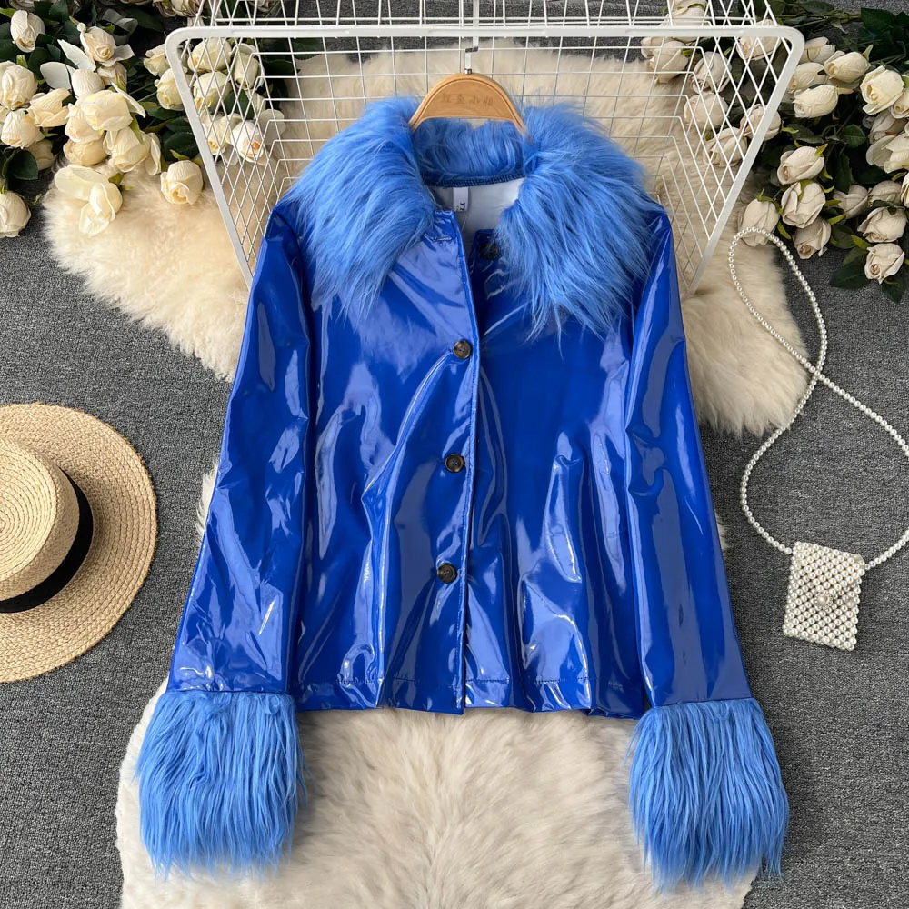 

VANOVICH Europe and America 2022 Autumn and Winter New Women Long-sleeved Fur Collar Patchwork PU Single-breasted Slim Coats