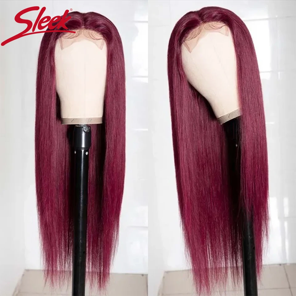 Sleek Colored Lace Human Hair Wigs For Women 99j Burgundy Red Colored Brazilian Hair Wigs 26 Inch Long T Part Lace Woman Wigs