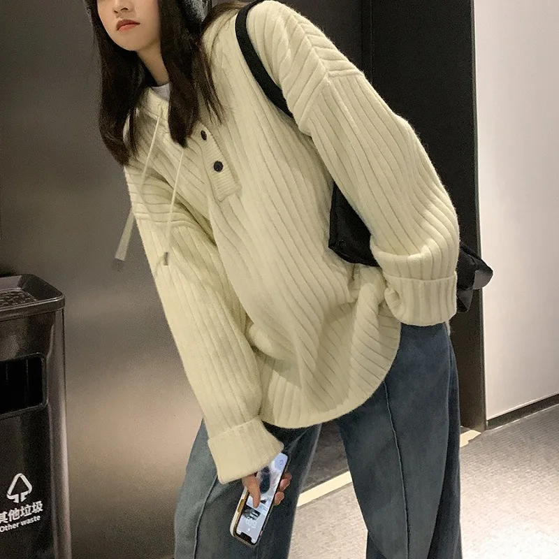 

Womens Autumn Winter Sweater Hooded Loose Pullovers 2022 Fashion Korean Knit Tops Bottoming Womens Sweater Pit Strips Clothing