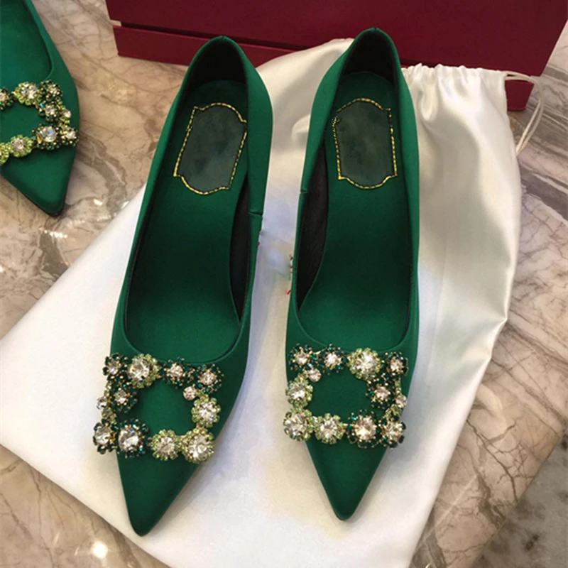 2023 European and American ladies new pointed high heels rhinestone crystal square buckle wedding shoes