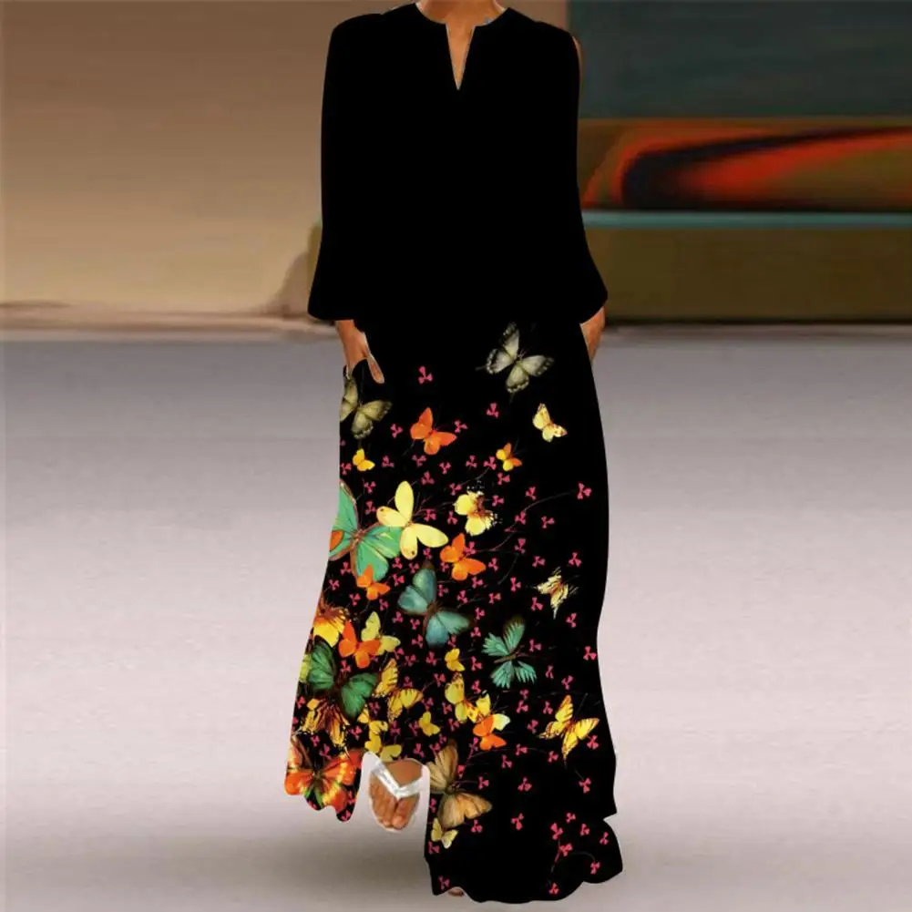 

Vintage Print Flower Print V Neck Dress Autumn Dress Casual Long Sleeve Large Hem Insert Pockets Dress for Vacation