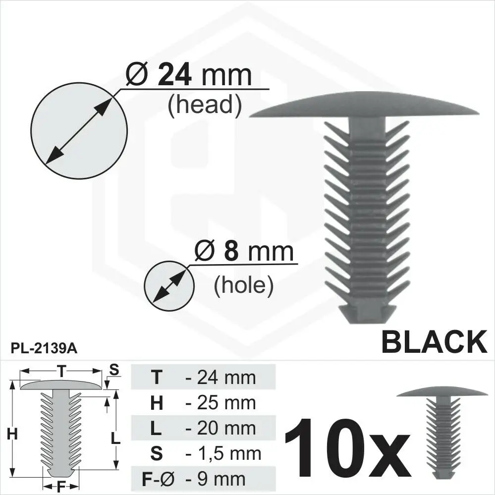 

10 x Black Plastic Fir Tree Trim Clips 8mm Hole, 24mm Head Car Push In, Spruce