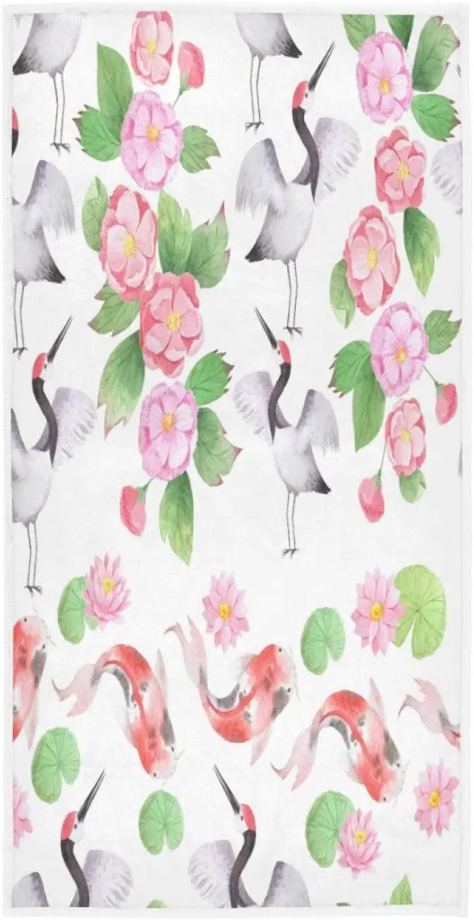 

Face Towel Japanese Crane Bird Lotus Flower Koi Carp Watercolor Soft Bath Hotel Spa Hand Gym Sport Towel handdoek מגבות