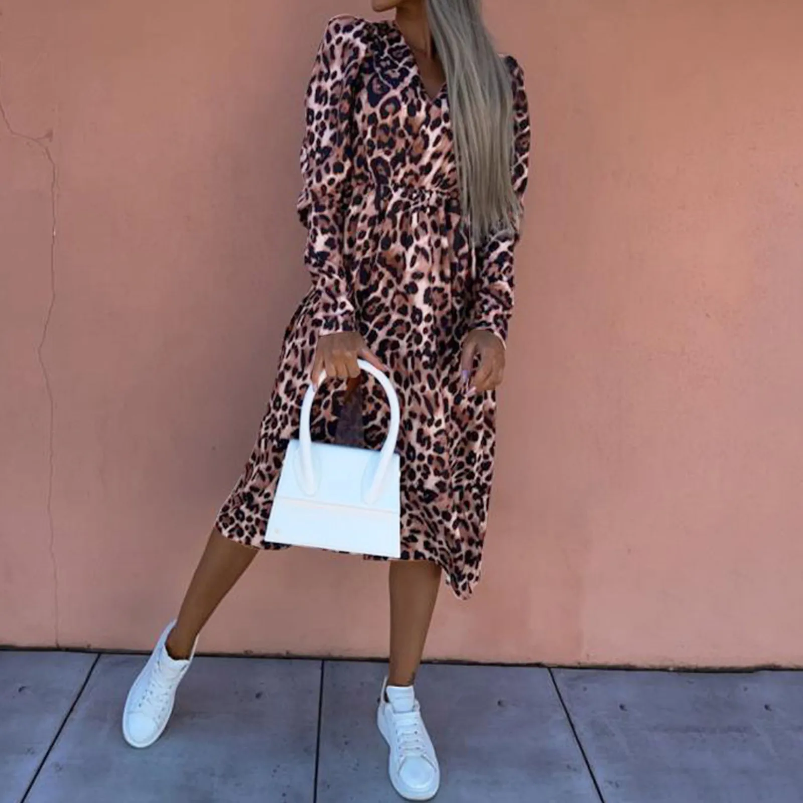 

Ladies Casual Fashion Loose Mid Sleeve V Neck Waist Print Dress