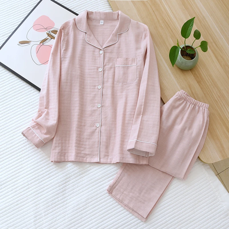New Spring And Autumn Couple Pajamas Long-Sleeved Trousers Sleepwear 100% Cotton Gauze Two-Piece Home Service For Men And Women