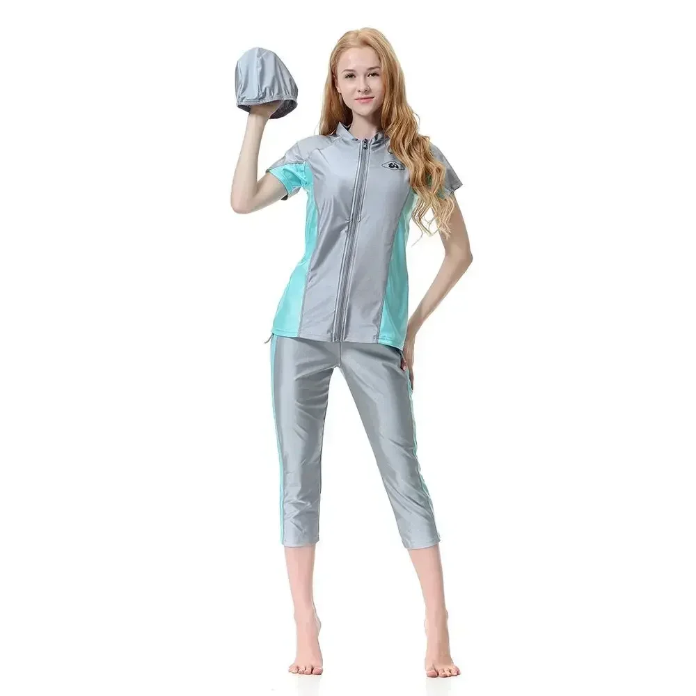 Женские мусульманские купальники 2024 года кардиган на молнии с коротким рукавом