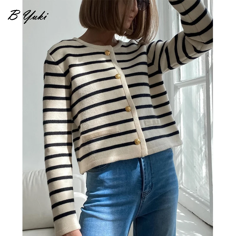 

Blessyuki Vintage Stripe Knitted Cardigan Sweater Women 2022 Autumn New Loose O-Neck Single-breasted Cropped Cardigan Female Top