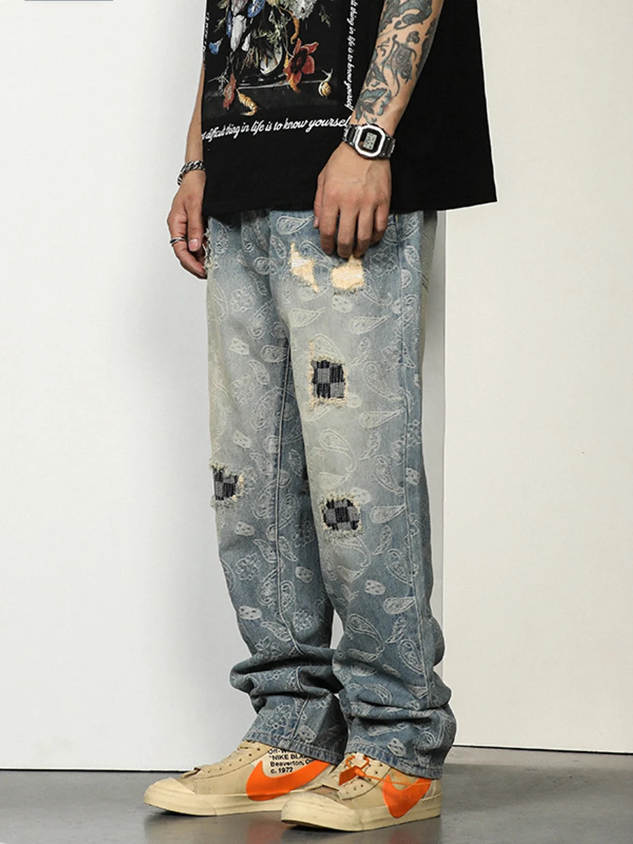 Brand Ripped Cashew Print Alphabet Patchwork Jeans Men's Loose Straight Wide Leg Pants Streetwear Denim Baggy Ripped Jeans Mens