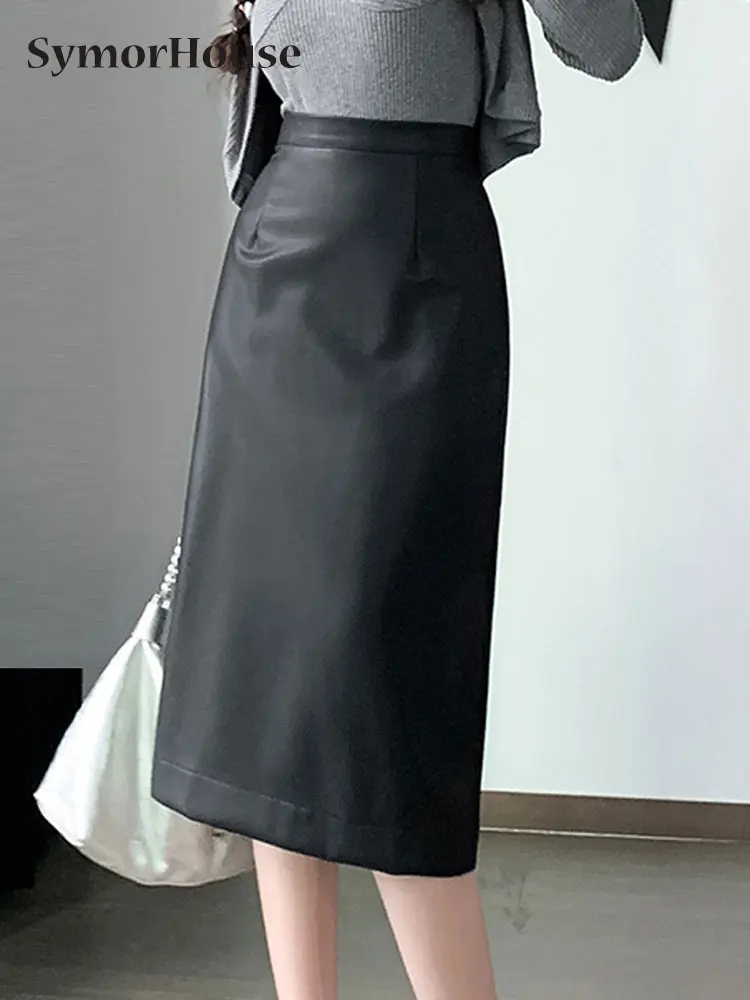 

Осень-зима 2023, черные женские юбки из искусственной кожи с высокой талией, офисные женские Простые прямые миди-юбки, юбка с запахом на бедрах и разрезом сзади