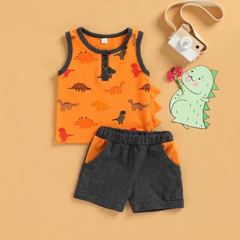 2022 Boy's Two-Piece Suit, Baby Toddler Kid Boy Cartoon Dinosaur Print Sleeveless Tank Tops Shorts Children's Clothing