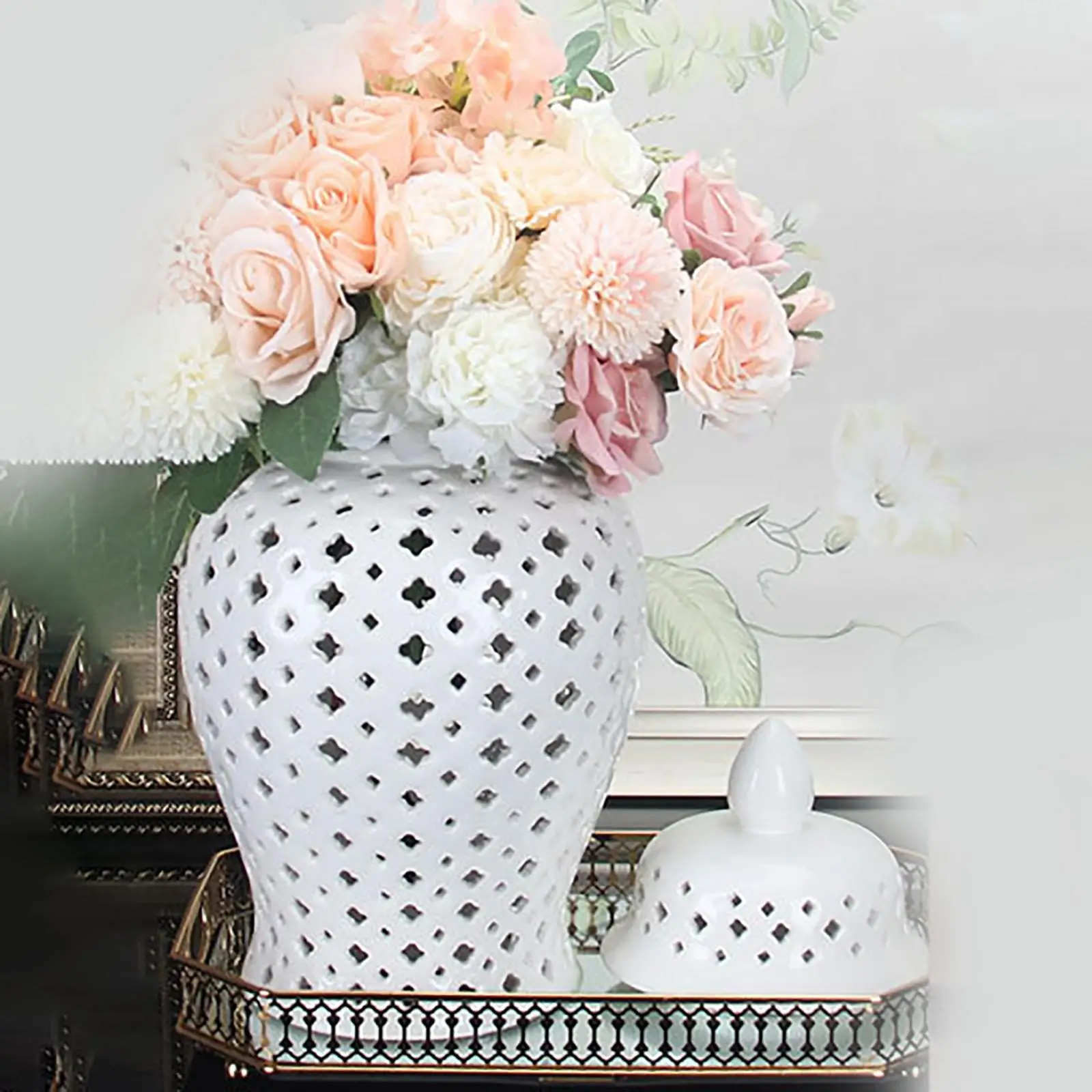 

Porcelain Jar Vase with Lid Light Luxury Handicraft Oriental White Decorative Lattice Universal for Home Decor Gift Ornament