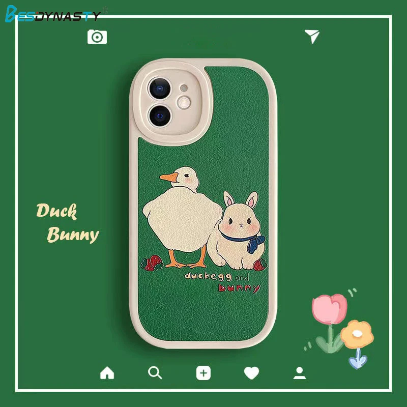 

BESD Cute Duck Rabbit Phone Case For iPhone 13 12 11 Pro Max Mini X XS XR 7 8 Plus SE Korean Green Leather iPhone Case 아이폰 케이스