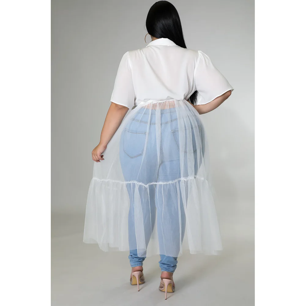 Plus Size Women's Dress 2023 Summer New Women Solid Color Shirt Mesh Large Top Dress Fashion Short Sleeve Casual Female Clothes