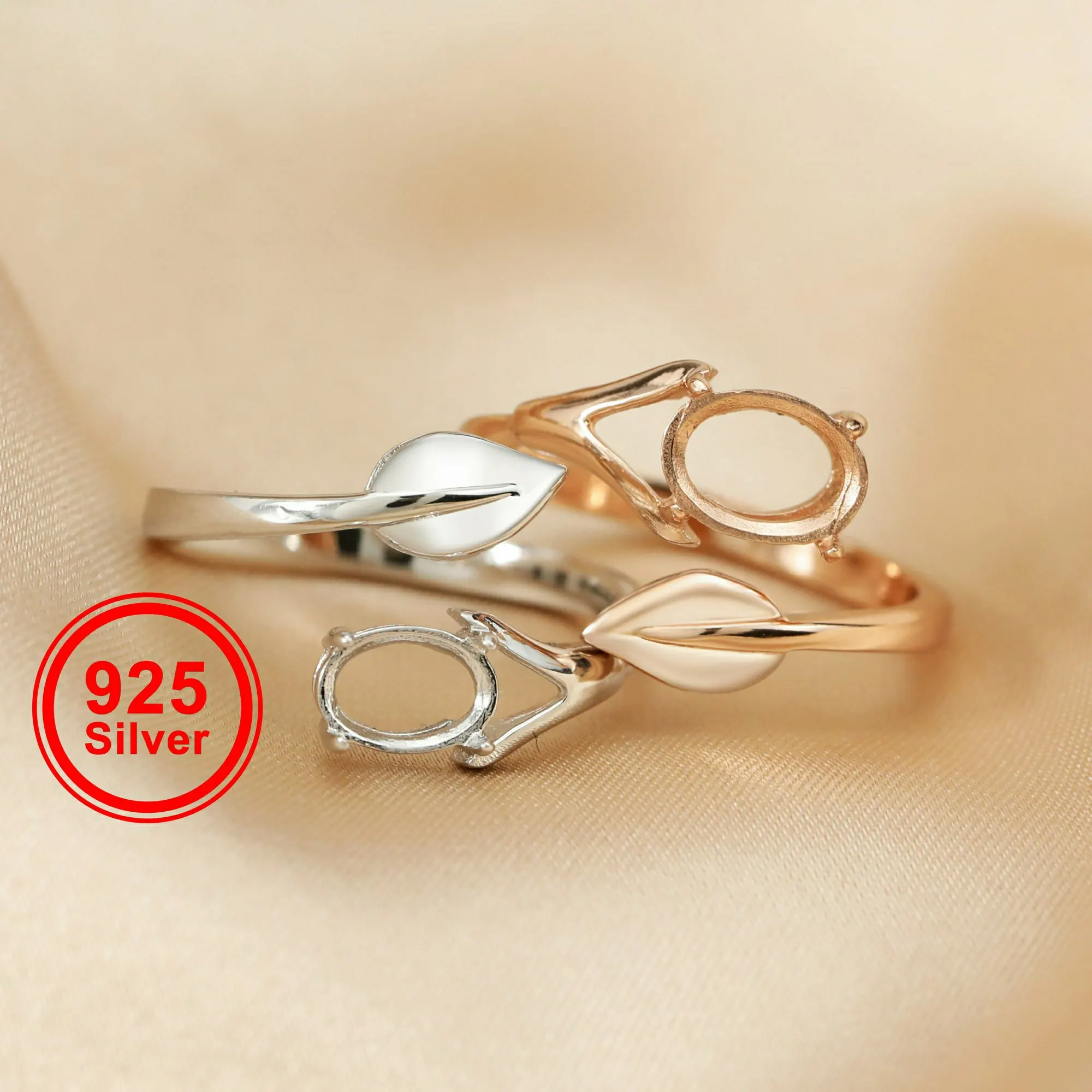 Oval Prong Ring Blank Settings Flower Leaf Bezel Solid 925 Sterling Silver Rose Gold Plated Adjustable Ring Band 1224111