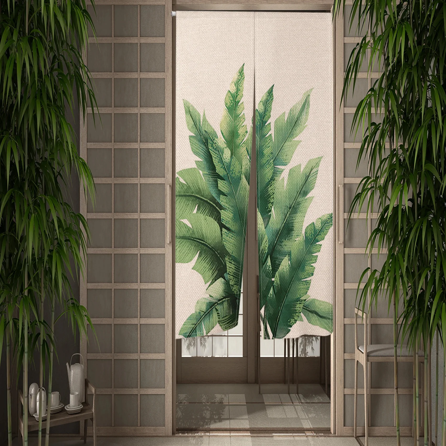 

Японские ботанические дверные занавески из льна