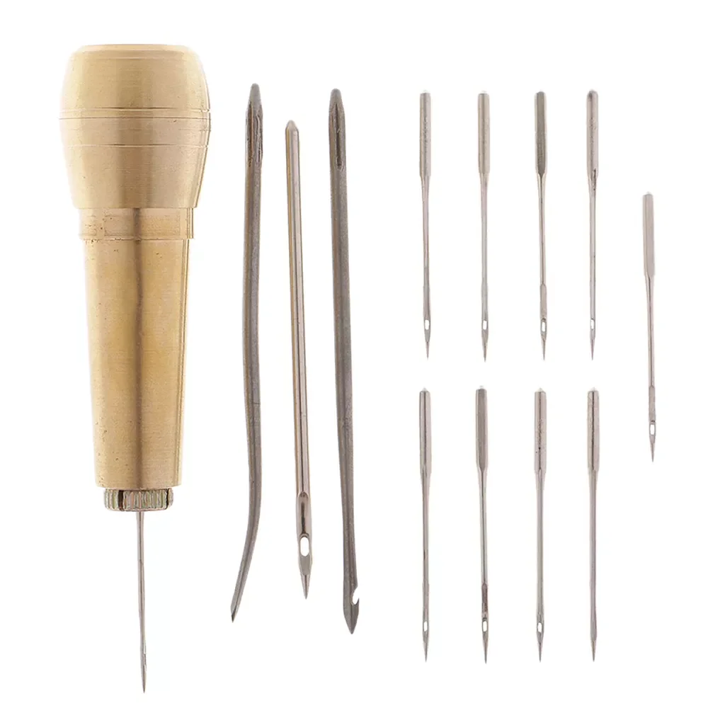 

NEW2022 14Pcs Canvas Leather Tent Sewing Awl Hand Stitcher Straight & Curved Needles Leather craft Kit Tool
