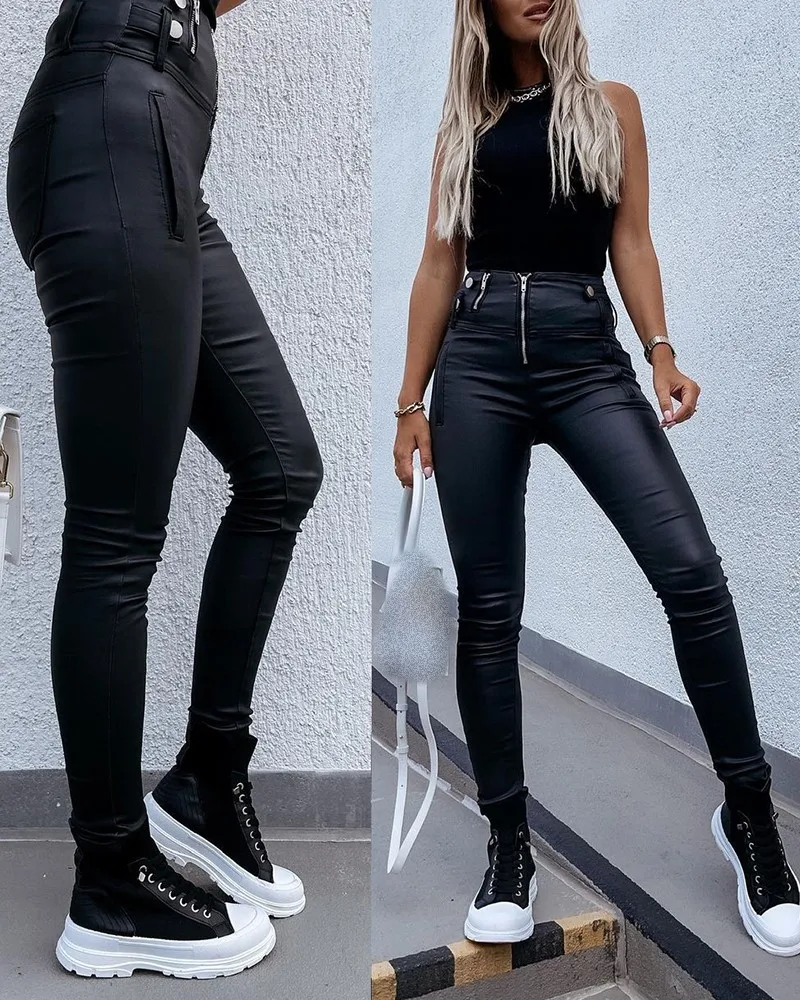 

Женские черные облегающие брюки из искусственной кожи на молнии, модные новые женские брюки с высокой талией, лето-осень 2021