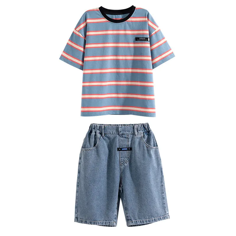 Teen Boys Suit 2022 New Summer Striped Print Short-Sleeved T-shirt+Denim Shorts 2pcs 5-14Y Children's Clothing Set High Quality