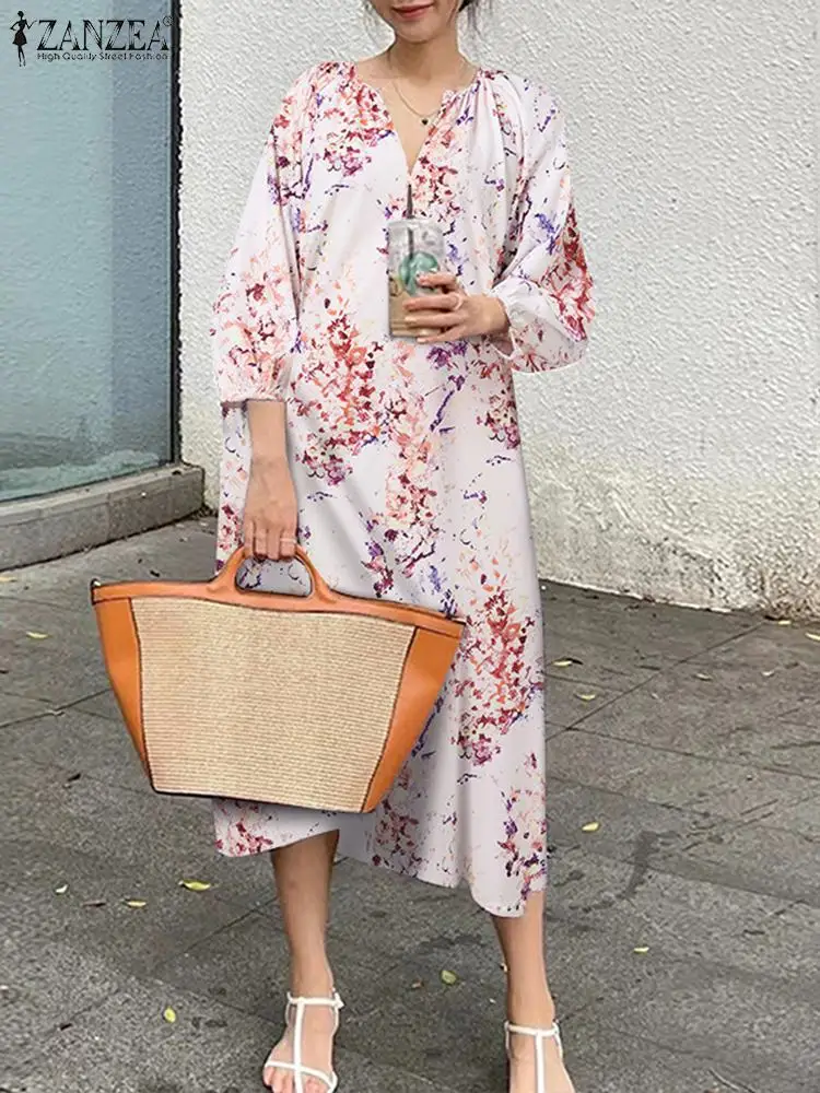 ZANZEA 2023 Summer Casual Loose Women Dresses Holiday 3/4 Puff Sleeve Round Neck Floral Print Midi Dress Fashion Tie Waist Robes