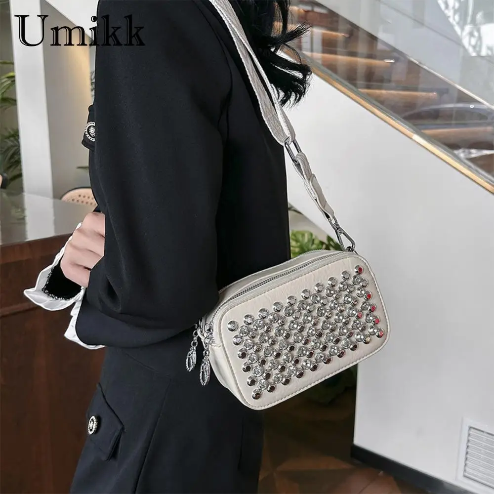 Женская сумка через плечо из ПУ кожи с заклепками модная регулируемым ремешком