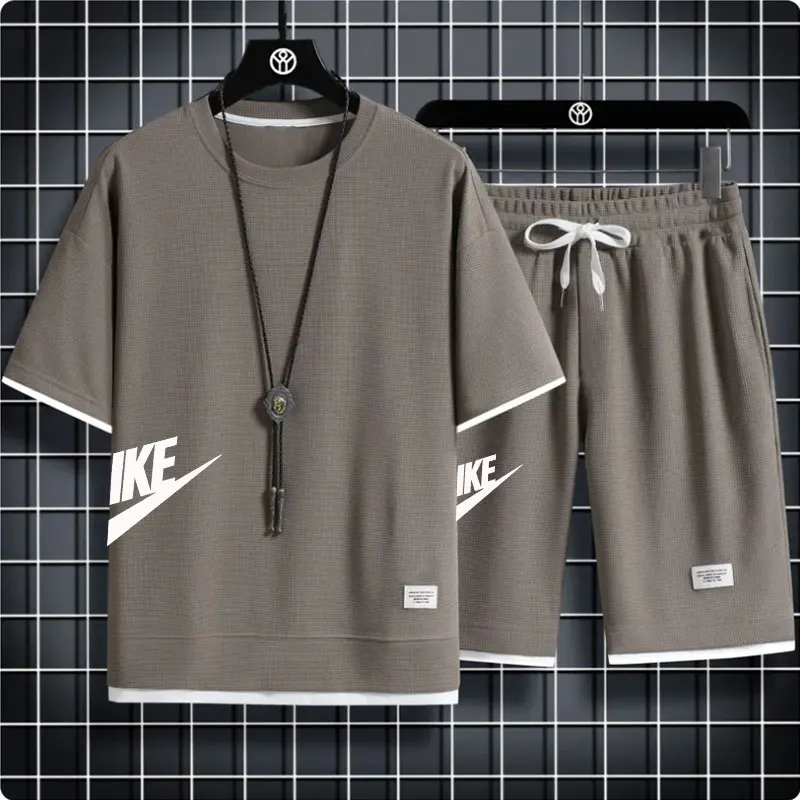 

Мужской спортивный костюм из двух предметов, Повседневная футболка и шорты с вафельным принтом, модный спортивный костюм с коротким рукавом, лето 2023