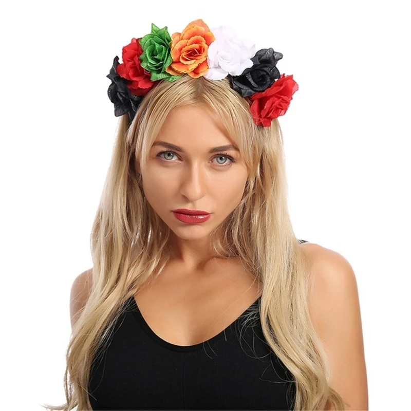 

Scary Skull Headband for Kids Halloween Flower Theme Parties Dark Skeleton Headband with Colorful Rose NEW