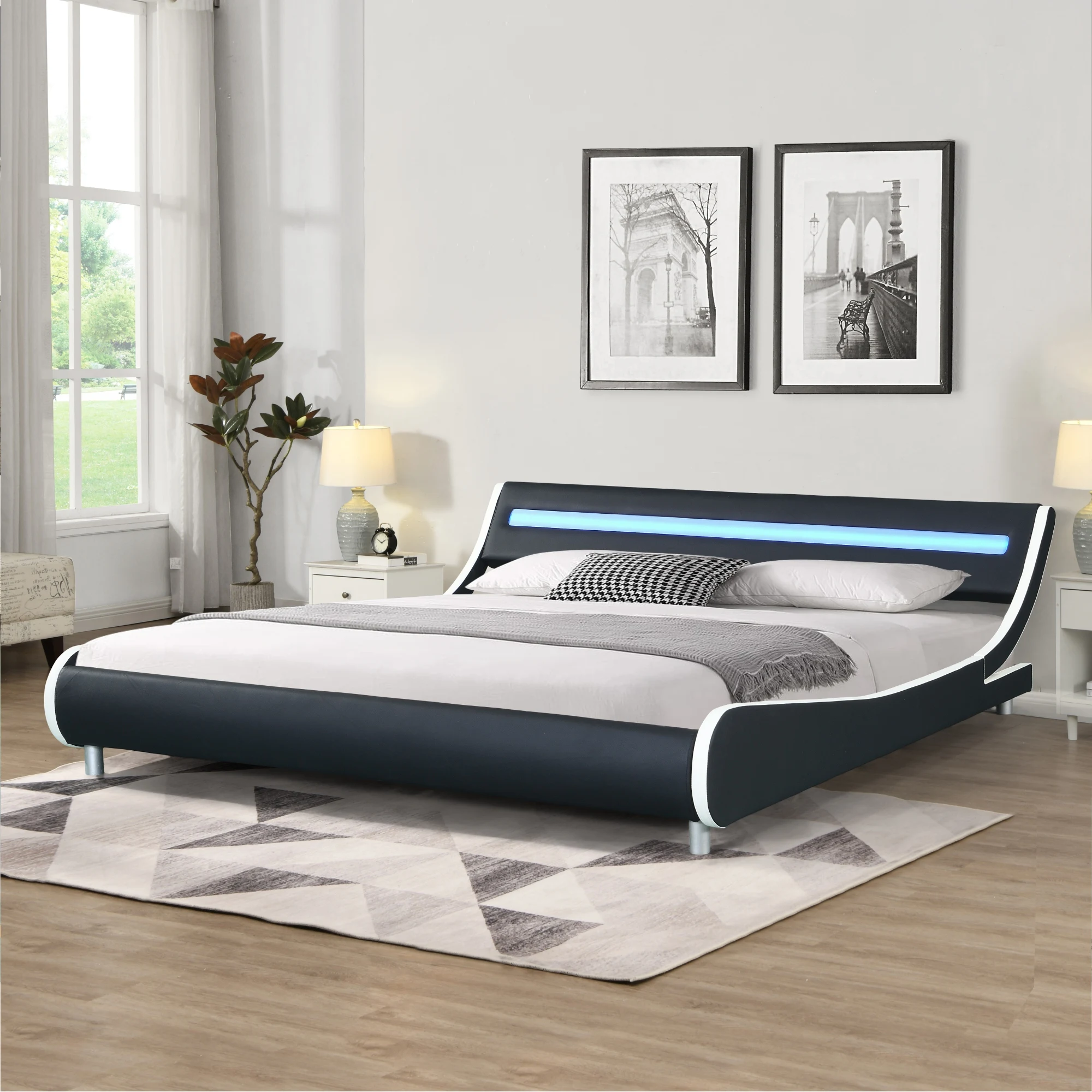 W/led Lighting Curve Design Wood Slat Support Black/white/gray[us-w]