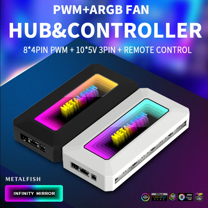Metalfish argb ventilador hub divisor com 4pin pwm para refrigeração do computador sincronização cpu radiador 5v 3pin led luz tira controle remoto
