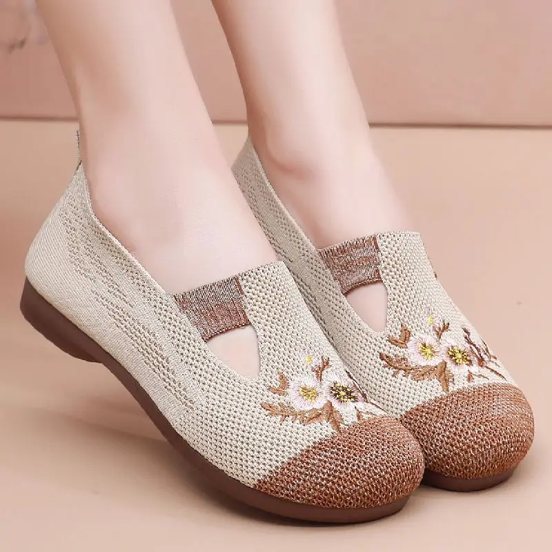 Comfortable Knit Flats Women's Shoes 2023 New Slip On Sneakers Mom Driving Loafers Woman Breathable Flower Ultra Light Flat Shoe