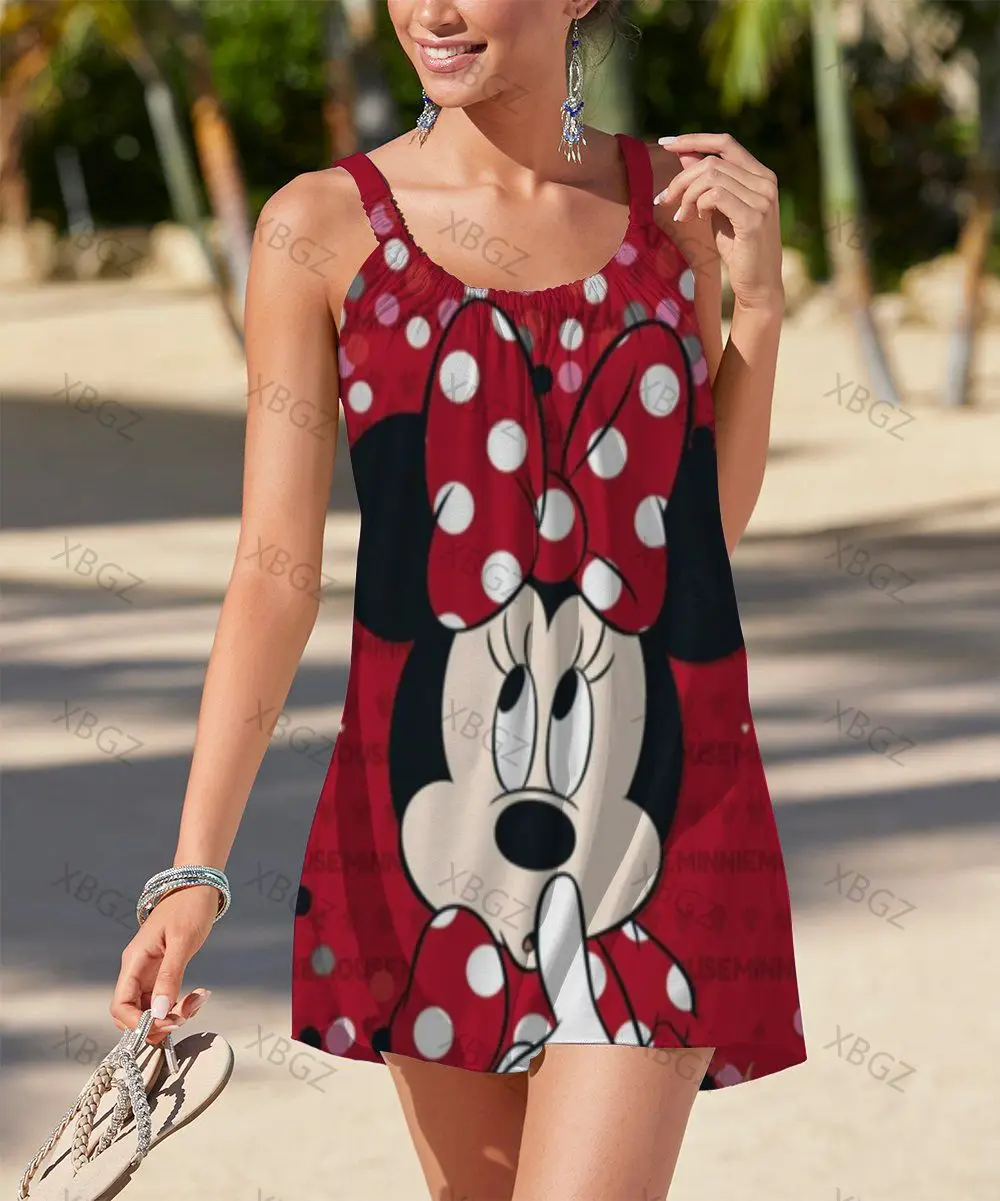 

Dresses for Women 2022 Beach Dress Woman Top Sexy Minnie Mouse Cartoon Sleeveless Loose Women's Summer Dress Disney Boho Sling