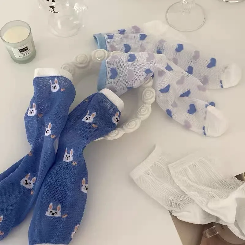 

Japanese Fashion Blue Love Heart Socks Thin Breathable Socks Korea Mesh Love Heart Striped Jk Teenage Girls Middle Tube Socks